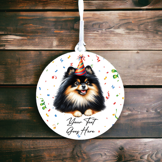 Personalised Pet Dog Birthday Party celebration – Black and Tan Pomeranian – Hanging Bauble Decoration Keepsake Gift, by Floppsie Moppsie – floppsiemoppsie at floppsiemoppsie.co.uk