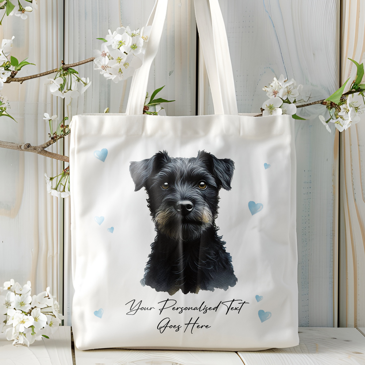 Personalised Dog Love Hearts Black Patterdale Tote Bag B