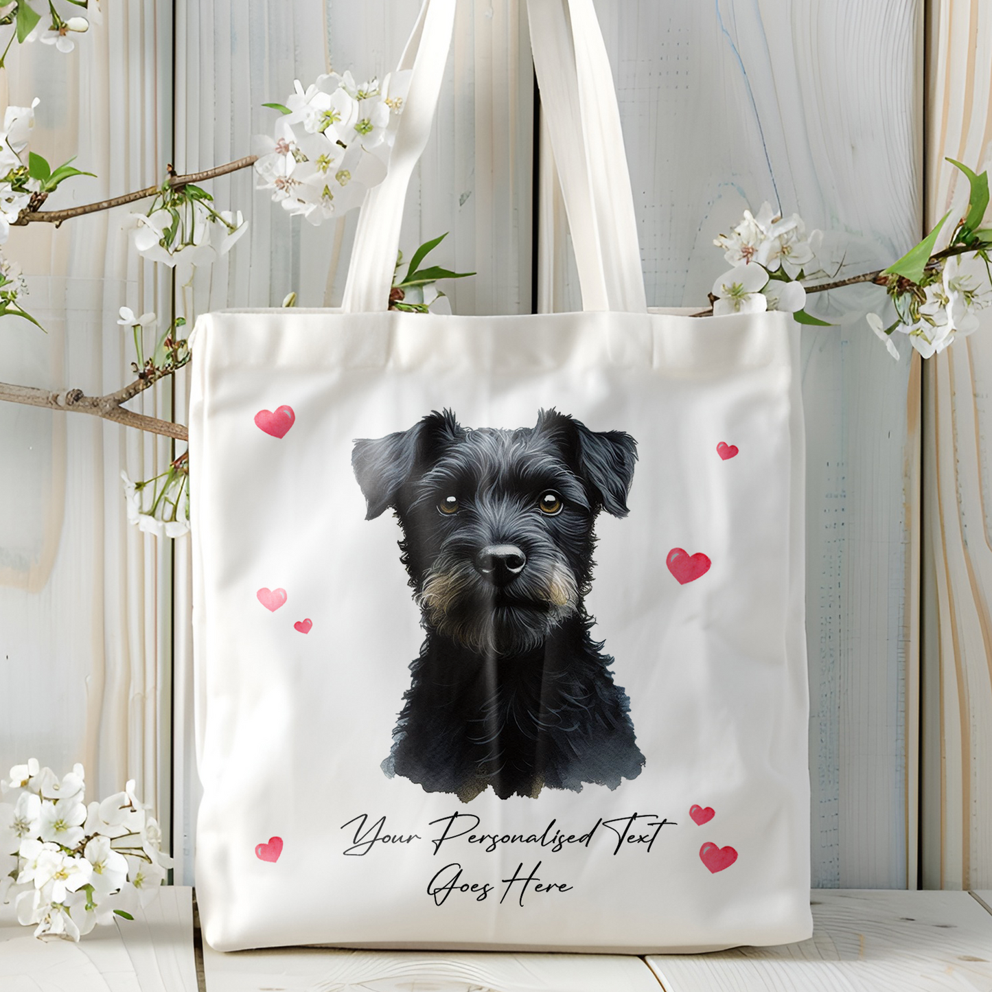 Personalised Dog Love Hearts Black Patterdale Tote Bag B