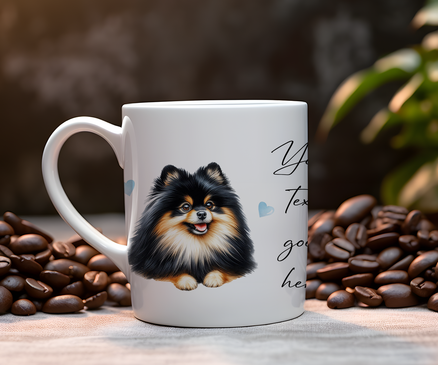 Personalised Dog Gift Mug - Black and Tan Pomeranian with Custom Message and Optional Hearts