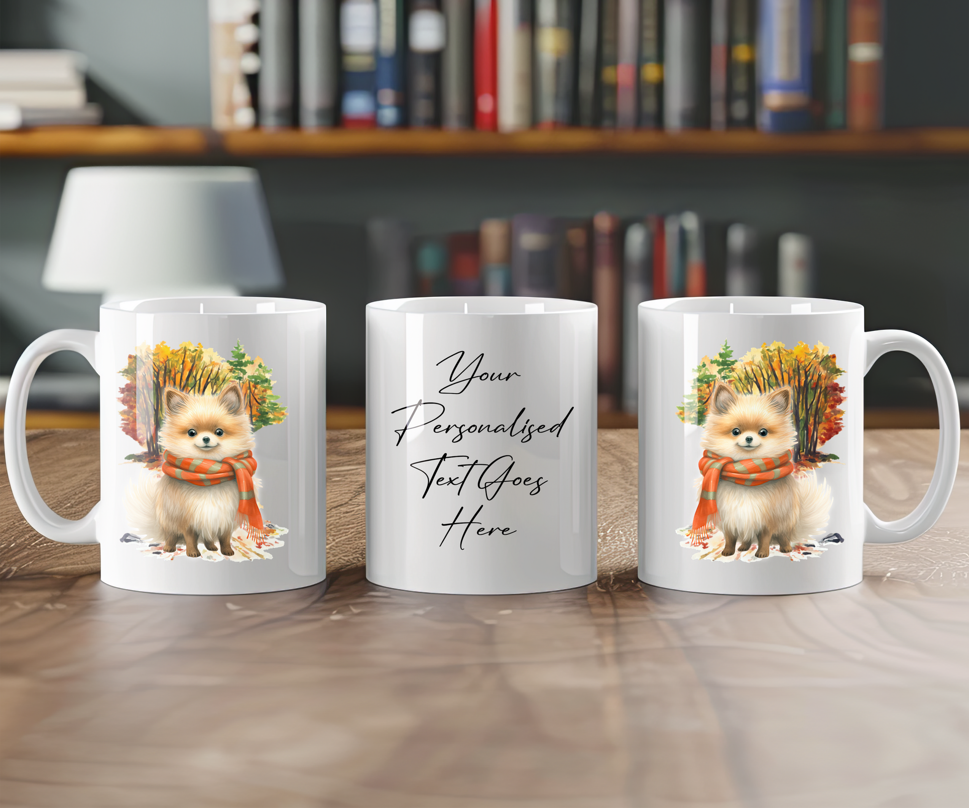 Personalised Pomeranian Pet Dog Gift Mug wearing an Autumn scarf on a walk