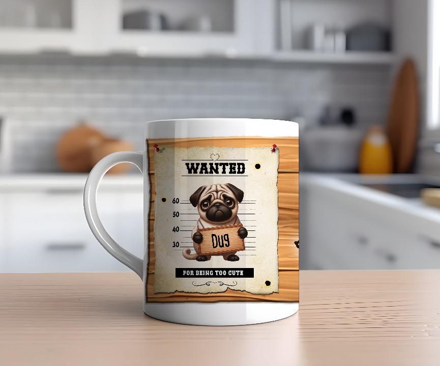 Personalised WANTED Pet Dog mug of a cute Pug on a wanted poster - Keepsake Gift, by Floppsie Moppsie – floppsiemoppsie at floppsiemoppsie.co.uk