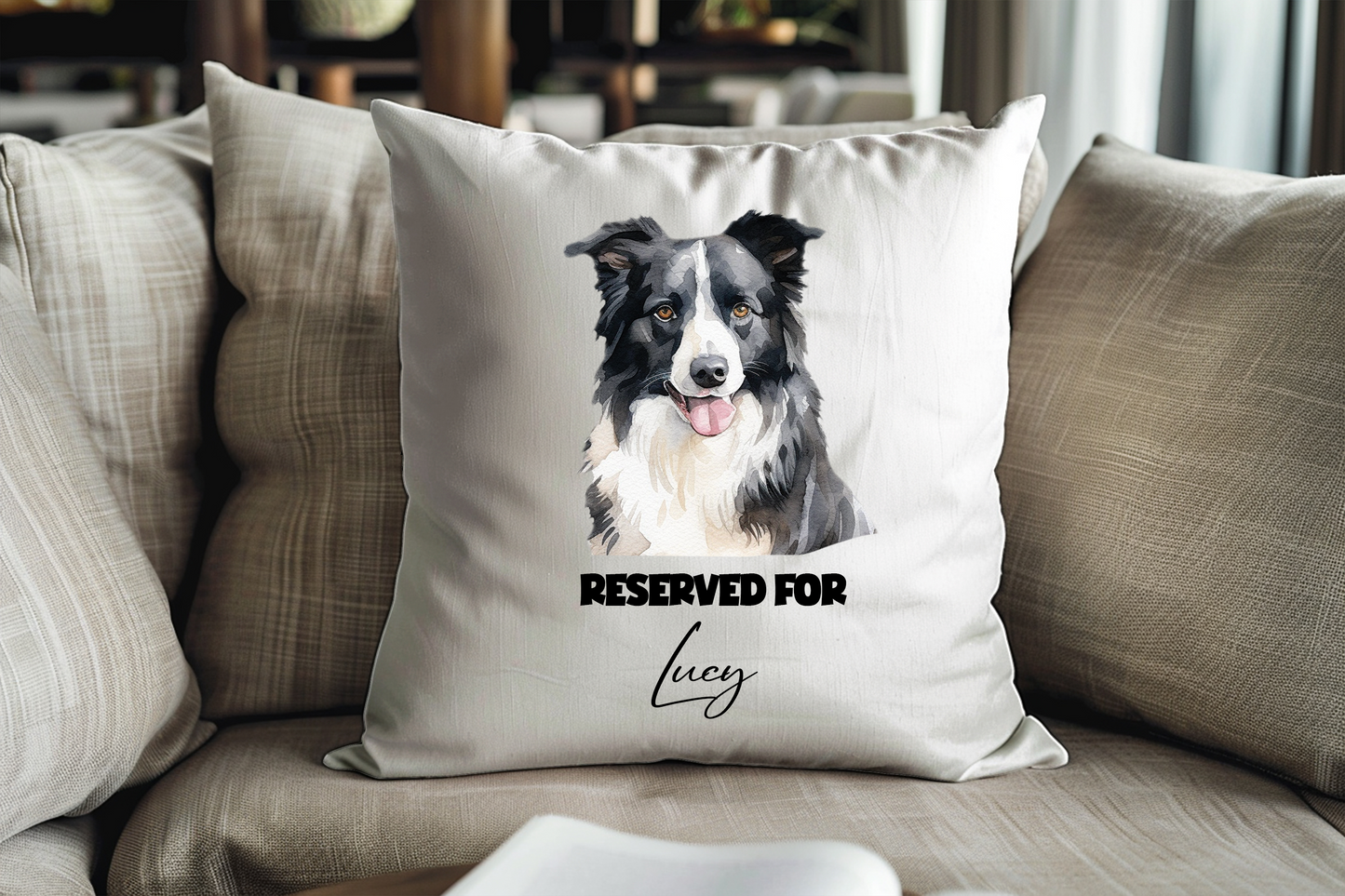 Personalised Border Collie Reserved For Pet Dog Cushion