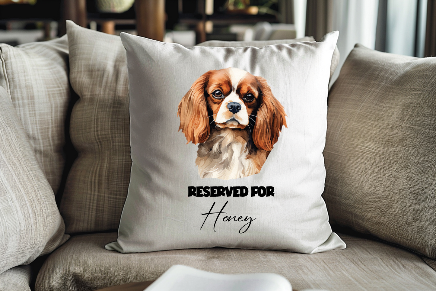 Personalised Cavalier King Charles Spaniel Reserved For Pet Dog Keepsake Cushion