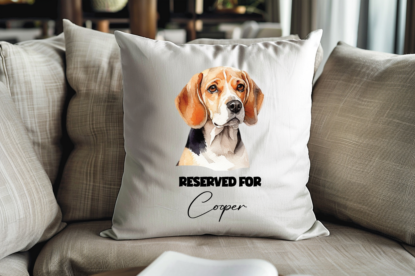 Personalised Beagle Reserved For Pet Dog Keepsake Cushion