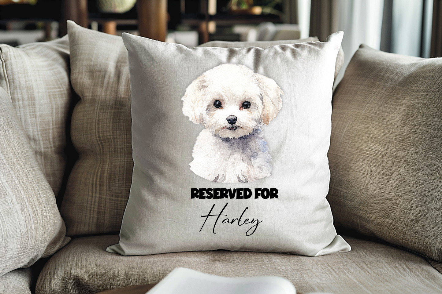 Personalised Bichon Frise Reserved For Pet Dog Keepsake Cushion