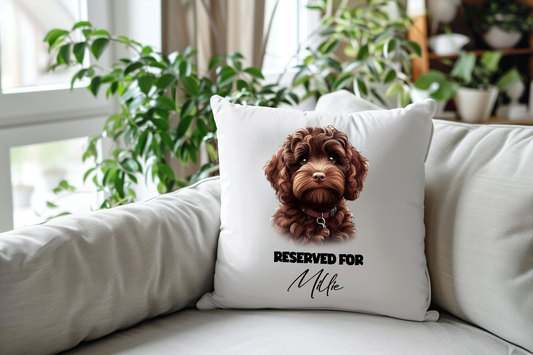 Personalised Chocolate Cockapoo - Reserved For - Pet Dog Keepsake Cushion