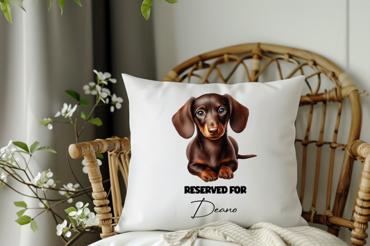 Personalised Chocolate Dachshund - Reserved For - Pet Dog Keepsake Cushion