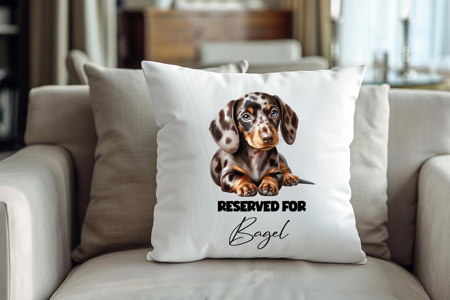 Personalised Dappled Chocolate Dachshund - Reserved For - Pet Dog Keepsake Cushion