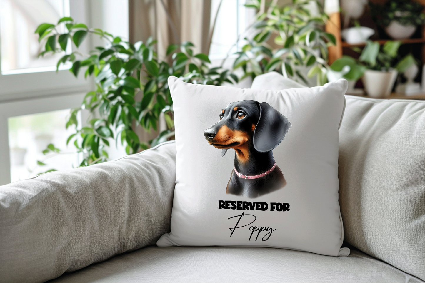 Personalised Black and Tan Dachshund - Reserved For - Pet Dog Keepsake Cushion