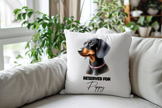 Personalised Black and Tan Dachshund - Reserved For - Pet Dog Keepsake Cushion