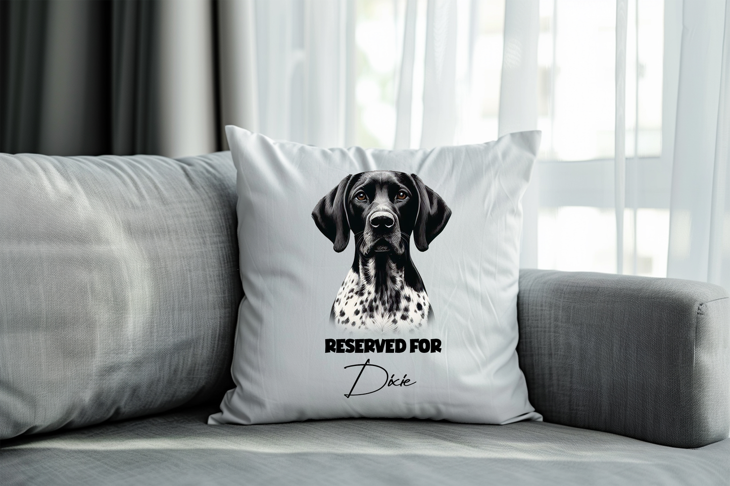 Personalised Black and White German Shorthaired Pointer - Reserved For - Pet Dog Keepsake Cushion