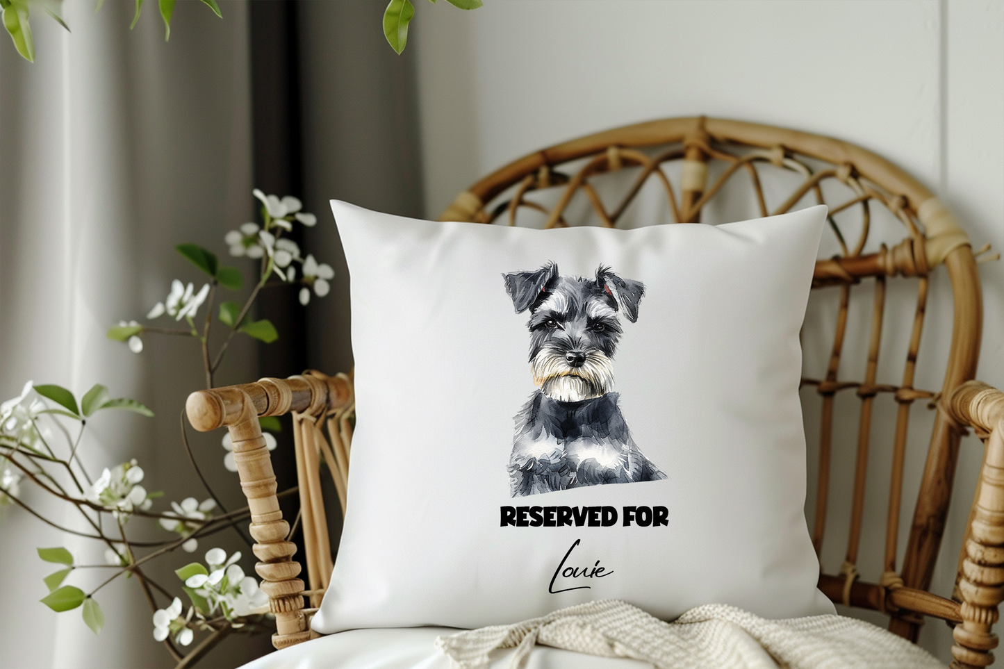 Personalised Miniature Schnauzer - Reserved For - Pet Dog Keepsake Cushion
