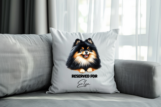 Personalised Black and Tan Pomeranian - Reserved For - Pet Dog Keepsake Cushion