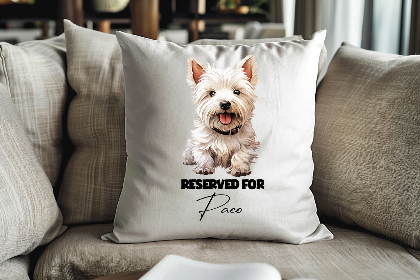 Personalised West Highland Terrier - Reserved For - Pet Dog Keepsake Cushion