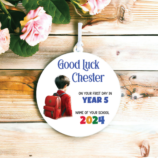 Personalised Back to School Good Luck Hanging Decoration with school child wearing backpack ready for first day of school - Keepsake Gift, by Floppsie Moppsie – floppsiemoppsie at floppsiemoppsie.co.uk