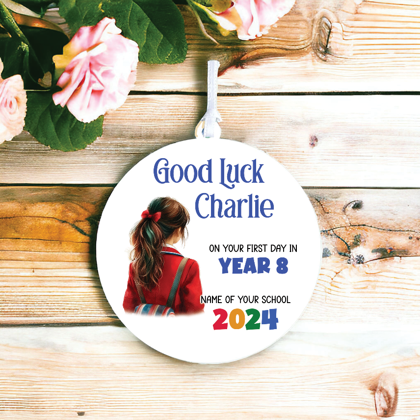 Personalised Back to School Good Luck Hanging Decoration with school child wearing backpack ready for first day of school - Keepsake Gift, by Floppsie Moppsie – floppsiemoppsie at floppsiemoppsie.co.uk
