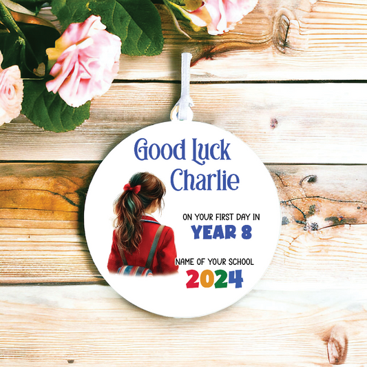 Personalised Back to School Good Luck Hanging Decoration with school child wearing backpack ready for first day of school - Keepsake Gift, by Floppsie Moppsie – floppsiemoppsie at floppsiemoppsie.co.uk