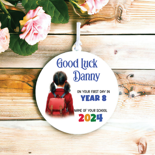 Personalised Back to School Good Luck Hanging Decoration with school child wearing backpack ready for first day of school - Keepsake Gift, by Floppsie Moppsie – floppsiemoppsie at floppsiemoppsie.co.uk