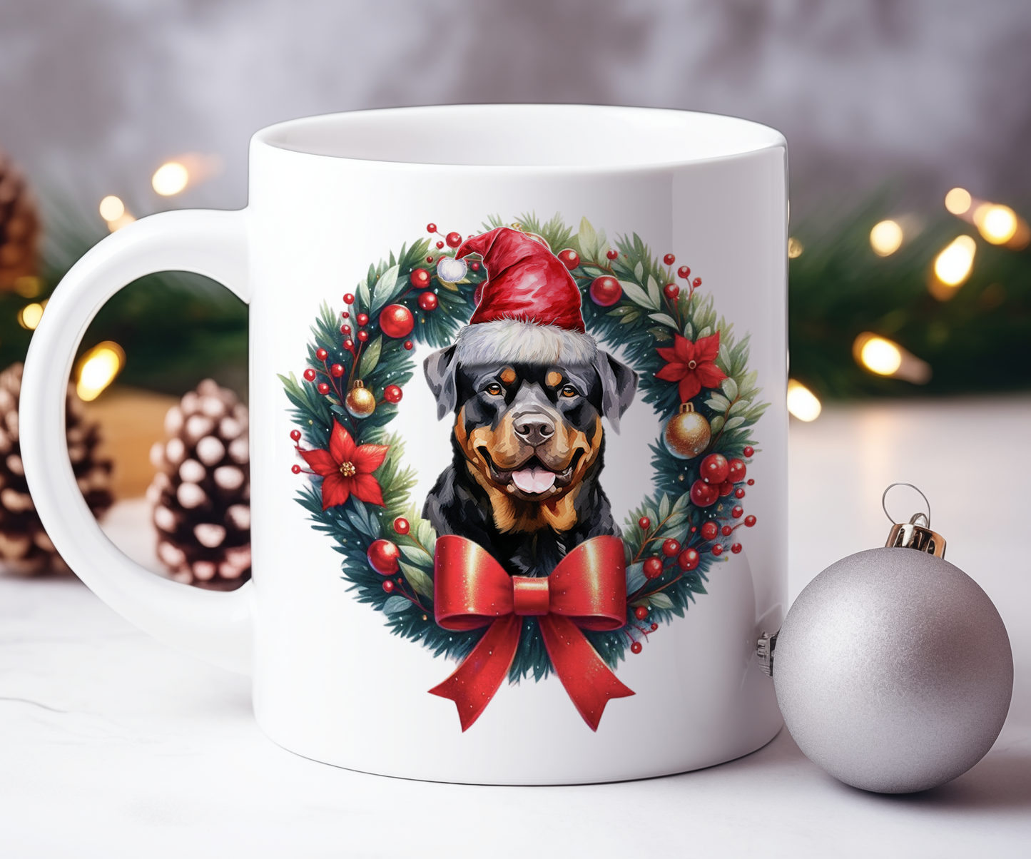 Personalised Rottweiler Dog Christmas Wreath Gift Mug