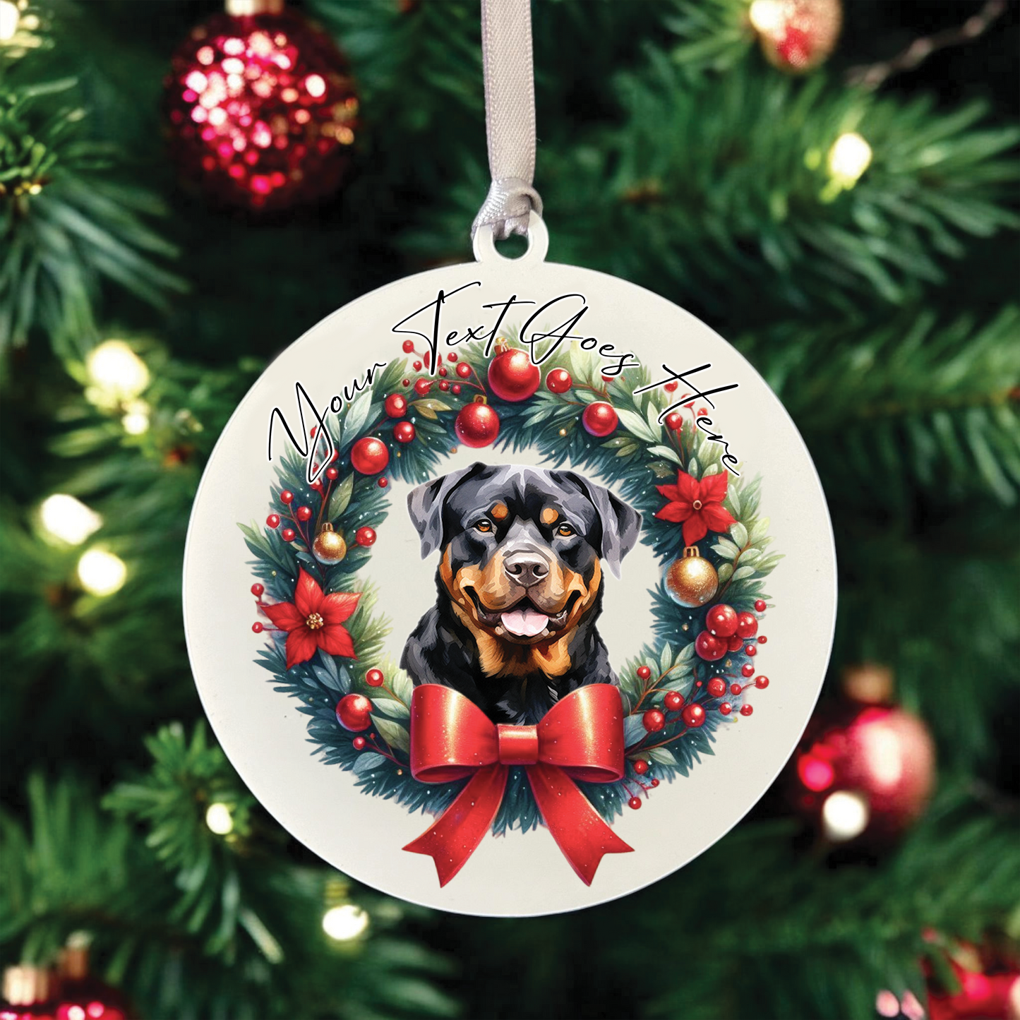 Personalised Rottweiler Dog Christmas Wreath - Hanging Bauble Decoration