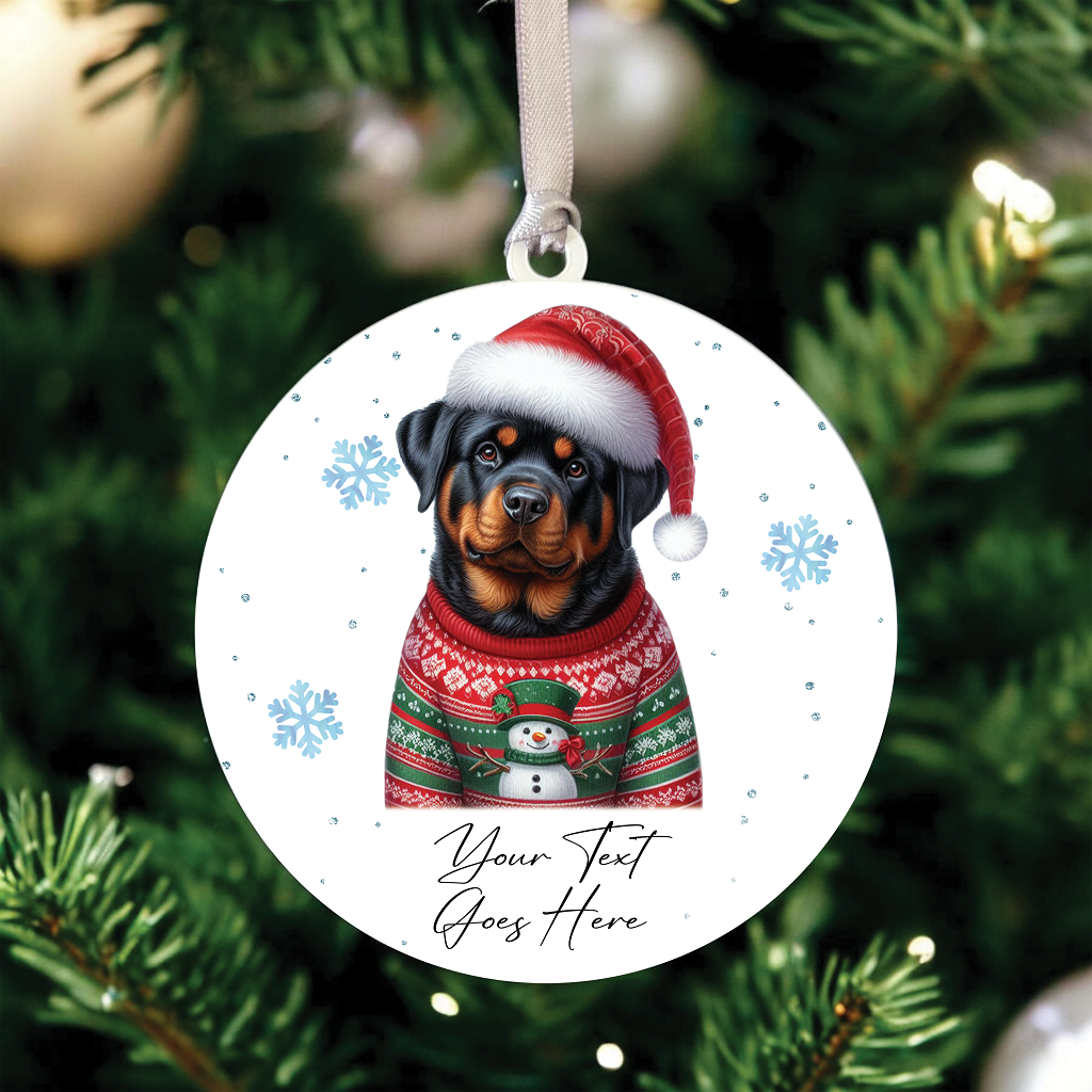 A Personalised Rottweiler Jumper Dog Hanging Bauble Decoration