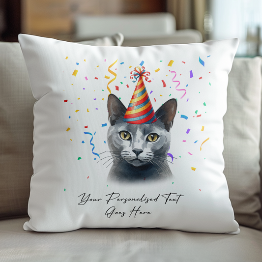 Personalised Russian Blue Birthday Party Hat Cat - Cushion Cover Gift