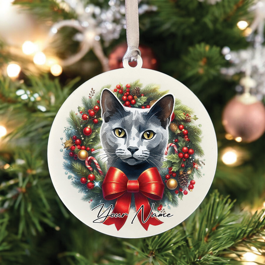 Personalised Russian Blue Cat Christmas Wreath - Hanging Bauble Decoration
