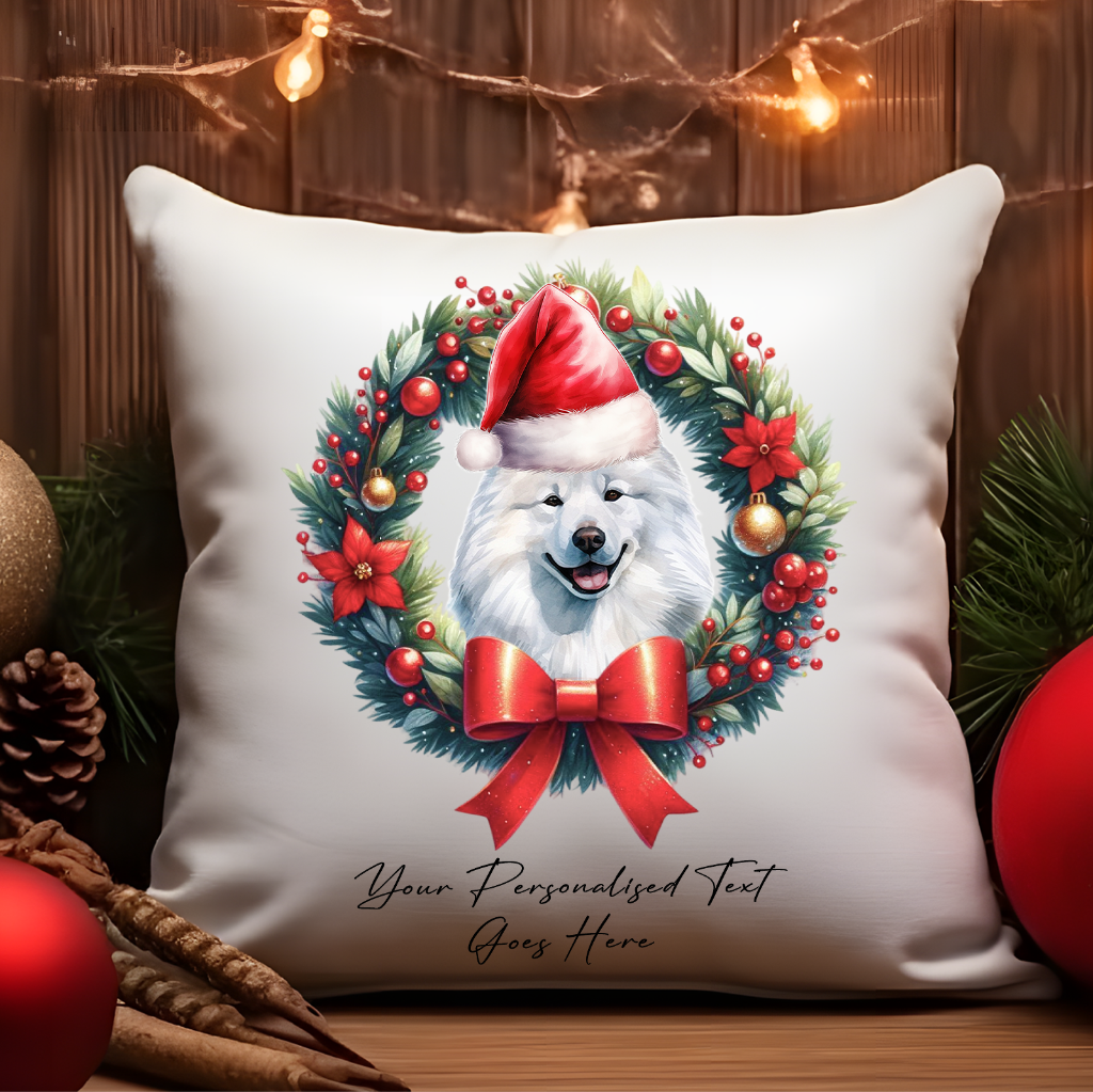 Personalised Samoyed with Santa Hat in a Christmas wreath - Keepsake Gift cushion, by Floppsie Moppsie – floppsiemoppsie at floppsiemoppsie.co.uk