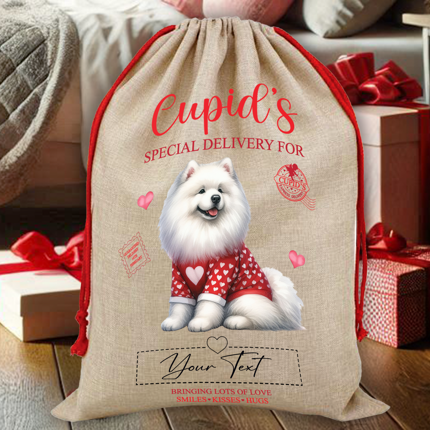 Personalised Dog Love Heart Valentine Anniversary Gift Sack - Samoyed