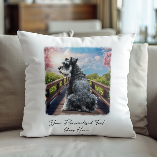 Personalised Schnauzer – Looking out across a Bridge Pet Gift Cushion, by Floppsie Moppsie – floppsiemoppsie at floppsiemoppsie.co.uk