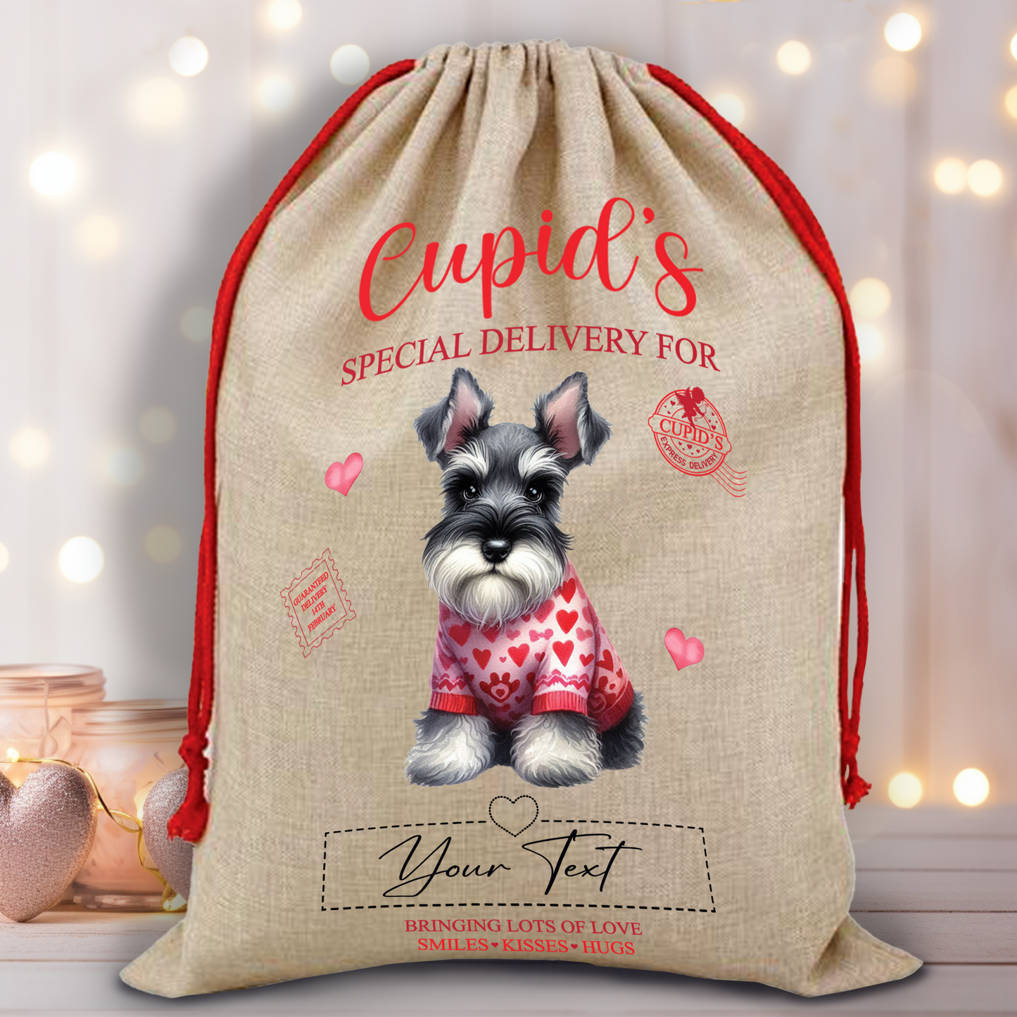 Personalised Dog Love Heart Valentine Anniversary Gift Sack - Schnauzer