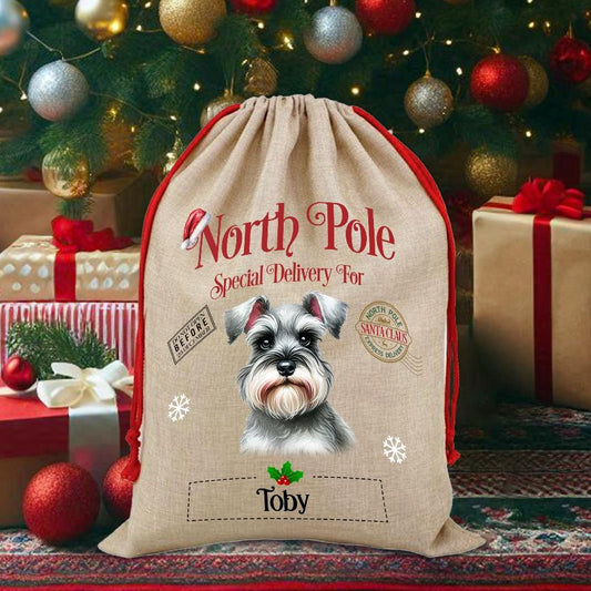 Personalised Dog Schnauzer – North Pole Special Delivery Santa Sack Pet Gift, by Floppsie Moppsie – floppsiemoppsie at floppsiemoppsie.co.uk