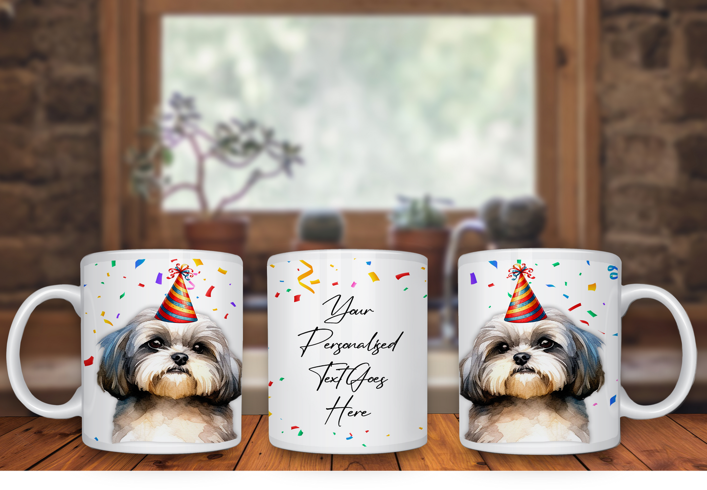 Personalised Dog Gift Mug - Shih Tzu with Birthday Congratulations Party Hat