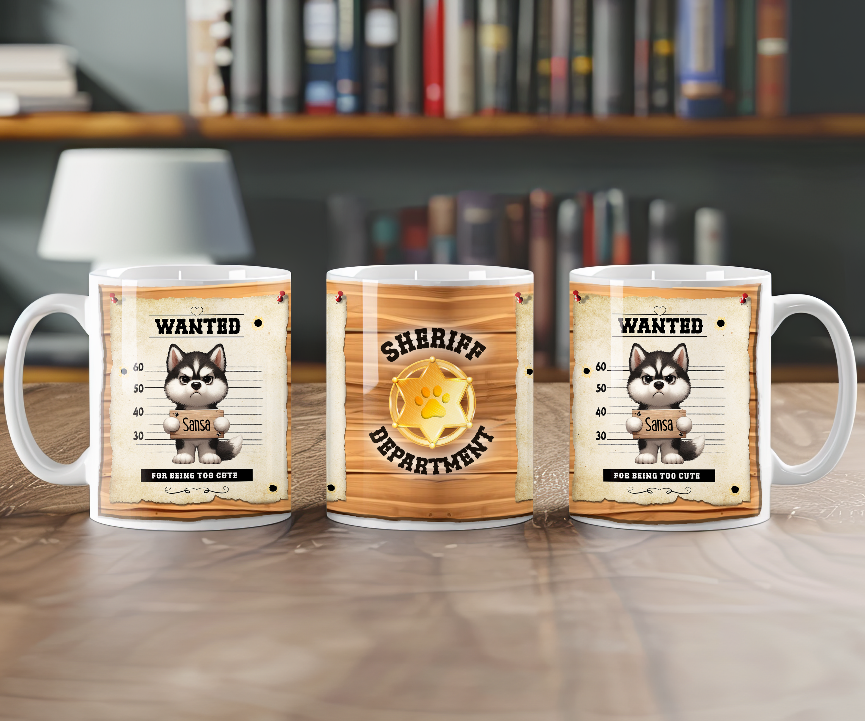 Personalised WANTED Pet Dog mug of a cute Siberian Husky on a wanted poster - Keepsake Gift, by Floppsie Moppsie – floppsiemoppsie at floppsiemoppsie.co.uk