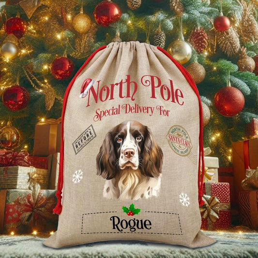 Personalised Dog English Springer Spaniel – North Pole Special Delivery Santa Sack Pet Gift, by Floppsie Moppsie – floppsiemoppsie at floppsiemoppsie.co.uk
