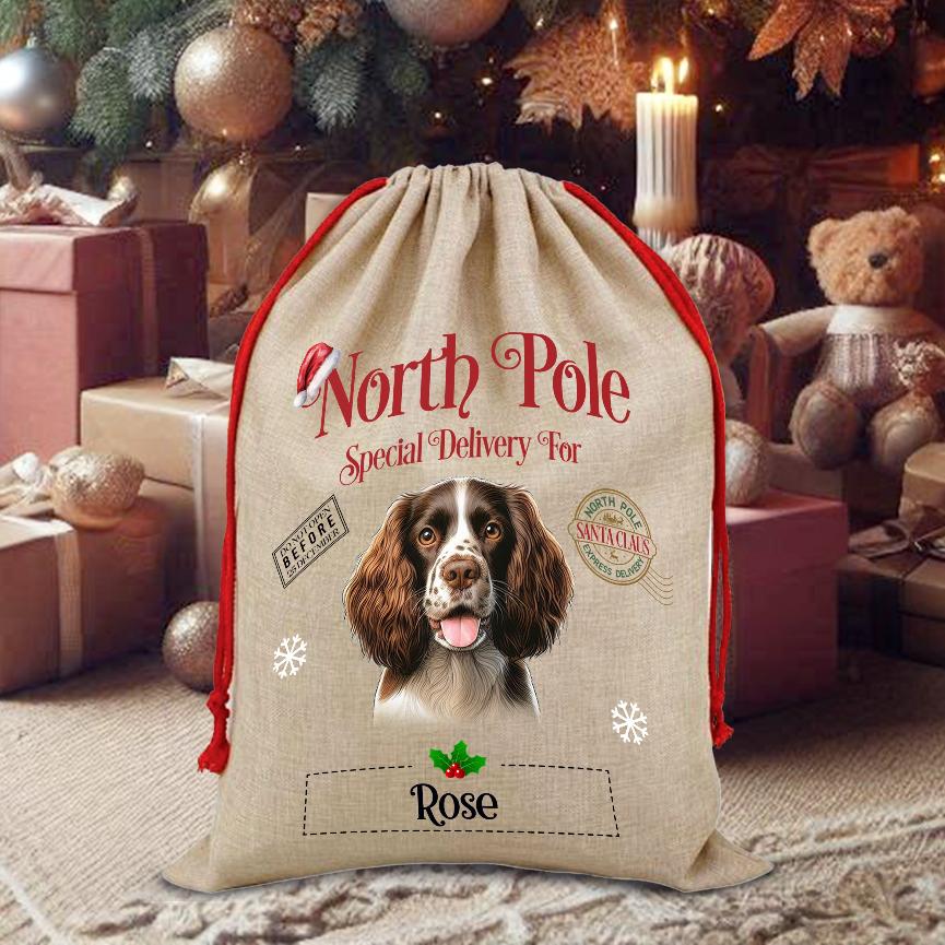 Personalised Dog Welsh Springer Spaniel – North Pole Special Delivery Santa Sack Pet Gift, by Floppsie Moppsie – floppsiemoppsie at floppsiemoppsie.co.uk