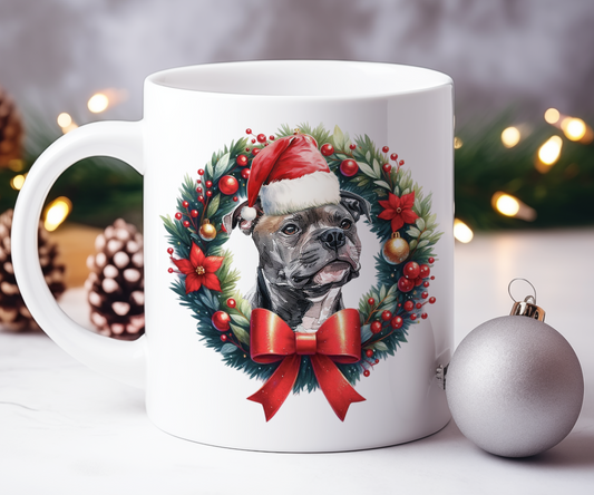 Personalised Staffordshire Bull Terrier Dog Christmas Wreath Gift Mug
