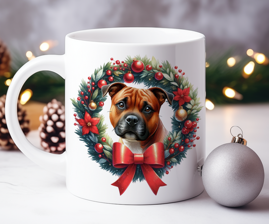 Personalised Red Staffordshire Bull Terrier Dog Christmas Wreath Gift Mug