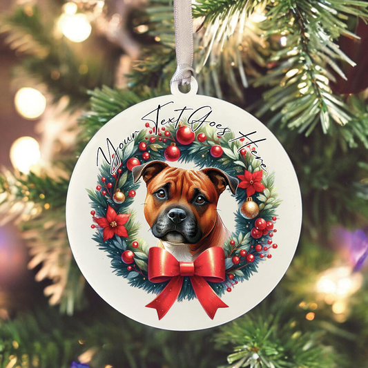 Personalised Red Staffordshire Bull Terrier Dog Christmas Wreath - Hanging Bauble Decoration