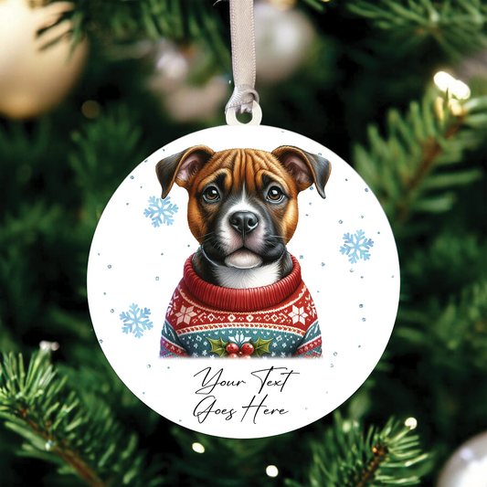 A Personalised Staffordshire Bull Terrier Jumper Dog Hanging Bauble Decoration