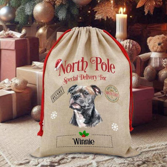 Personalised Dog Staffordshire Bull Terrier – North Pole Special Delivery Santa Sack Pet Gift, by Floppsie Moppsie – floppsiemoppsie at floppsiemoppsie.co.uk