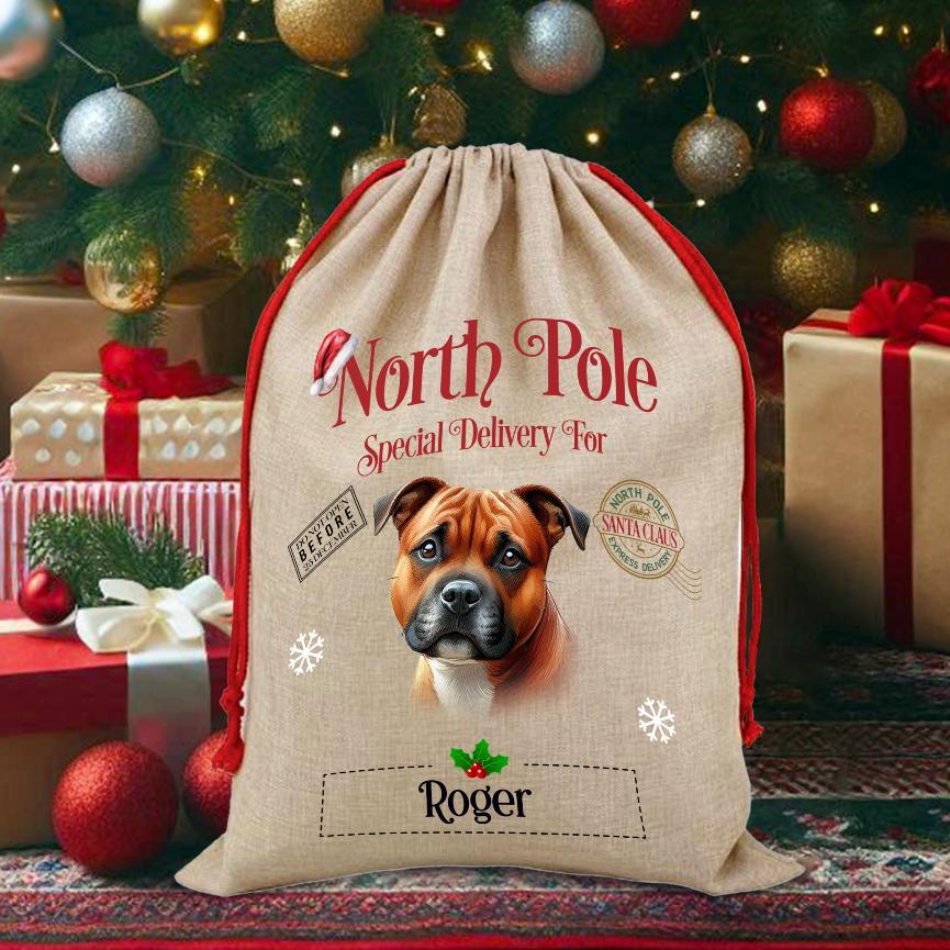 Personalised Dog Red Staffordshire Bull Terrier – North Pole Special Delivery Santa Sack Pet Gift, by Floppsie Moppsie – floppsiemoppsie at floppsiemoppsie.co.uk