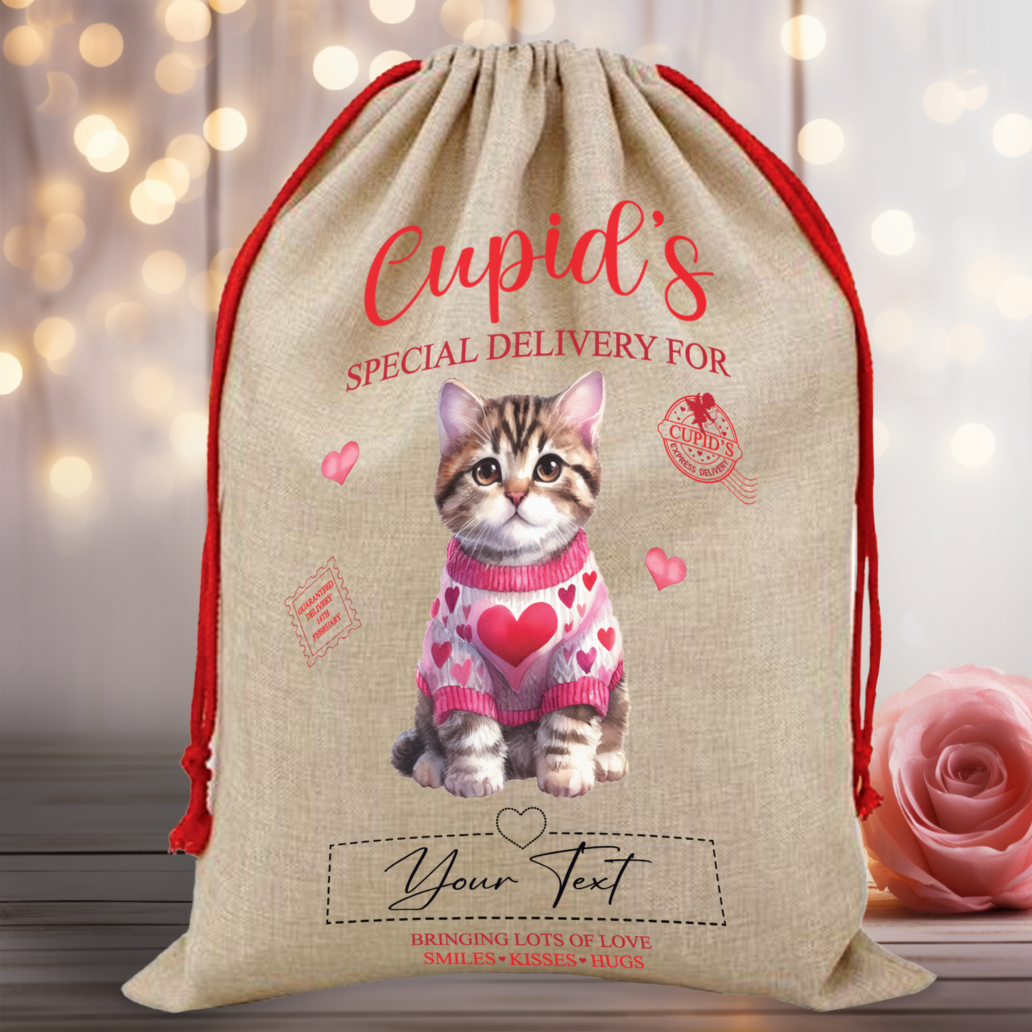 Personalised Cat Love Heart Valentine Anniversary Gift Sack - Tabby B