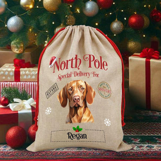 Personalised Dog Vizsla – North Pole Special Delivery Santa Sack Pet Gift, by Floppsie Moppsie – floppsiemoppsie at floppsiemoppsie.co.uk