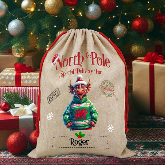 Personalised Welsh Dragon in Wales Christmas Jumper - North Pole Santa Sack