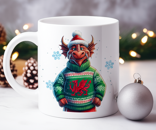 Personalised Christmas Welsh Dragon in a Christmas Jumper Gift Mug