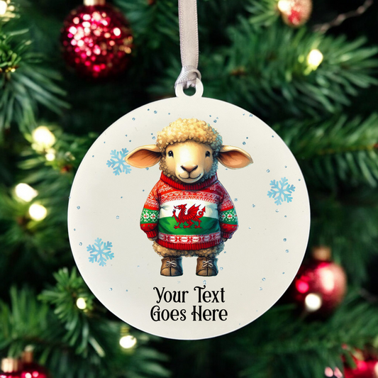 Personalised Welsh Sheep in a Wales Christmas Jumper - Hanging Bauble Decoration - Style A