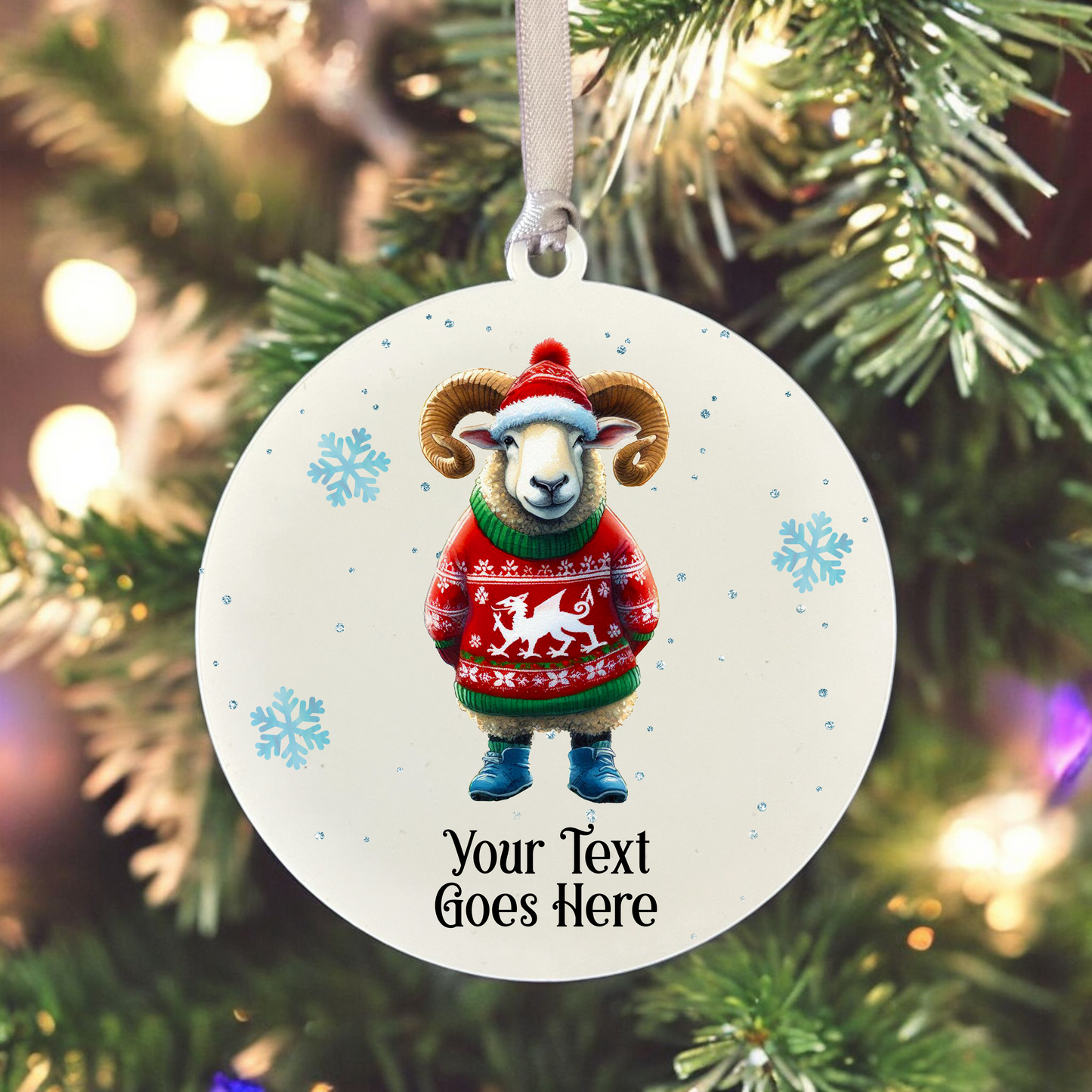 Personalised Welsh Sheep in a Wales Christmas Jumper - Hanging Bauble Decoration - Style B
