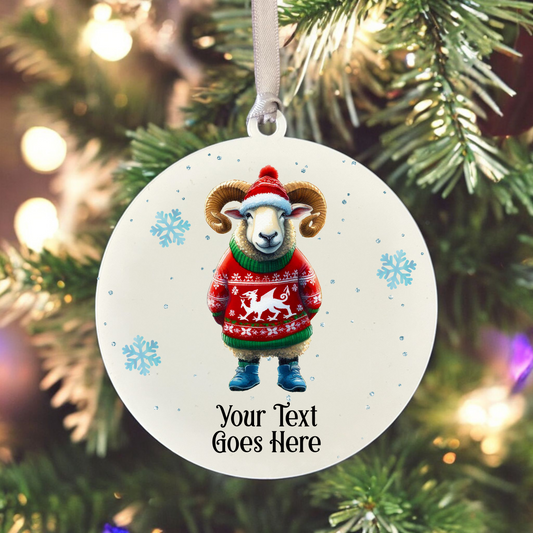 Personalised Welsh Sheep in a Wales Christmas Jumper - Hanging Bauble Decoration - Style B